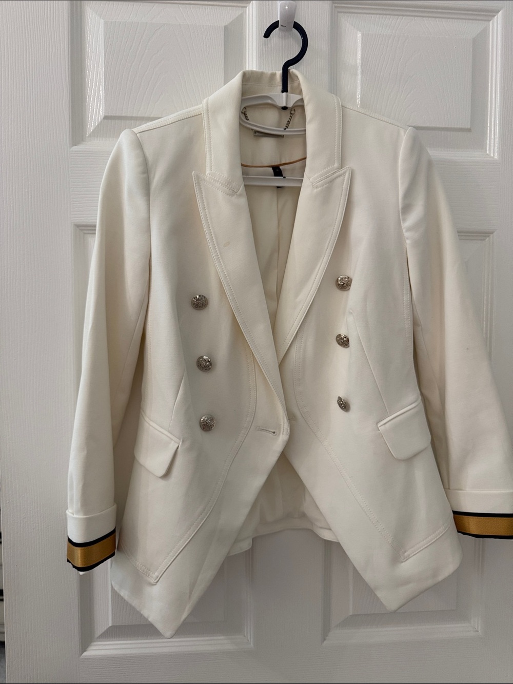 White House Black Market Cream Double-Breasted Blazer with Striped Cuffs